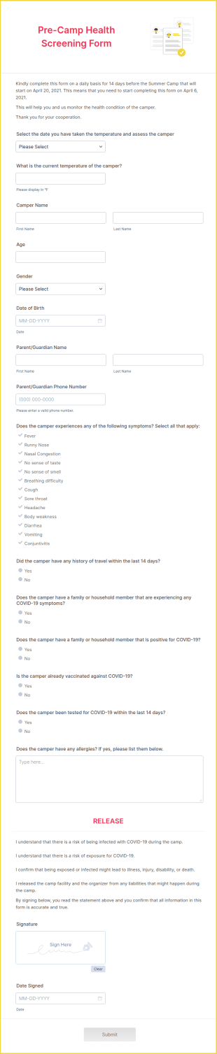 Pre Camp Health Screening Form Template