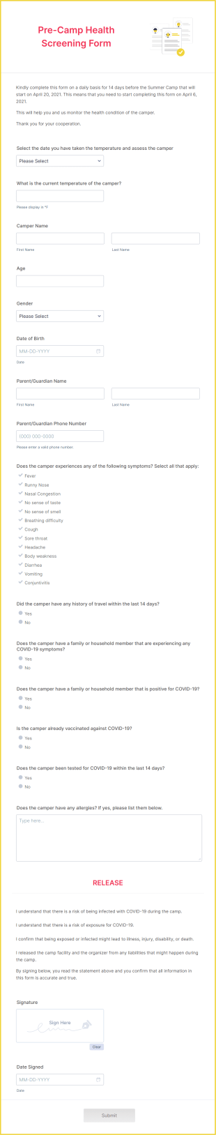 Pre Camp Health Screening Form Template