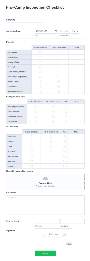 Pre Camp Inspection Checklist Form Template