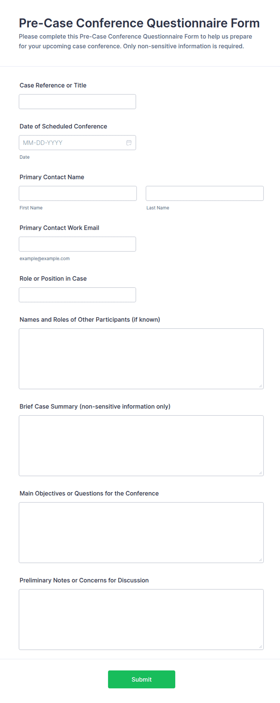Questionnaire Form Example Pre-Case Conference Questionnaire Form Template | Jotform