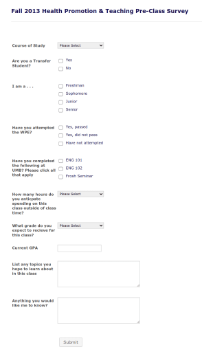 Pre Class Survey Form Template