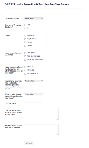 Pre Class Survey Form Template