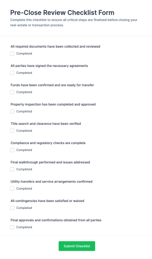Pre Close Review Checklist Form Template
