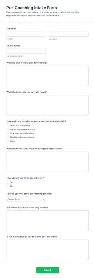 Pre Coaching Intake Form Template