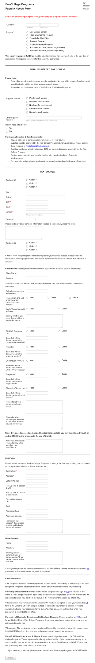 Pre College Programs Faculty Needs Form Template