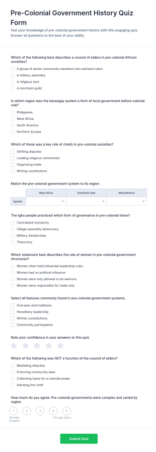 Pre Colonial Government History Quiz Form Template