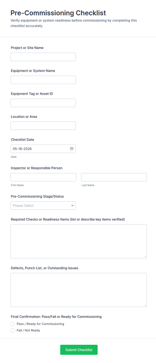 Pre Commissioning Checklist Form Template