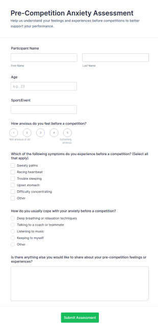 Pre Competition Anxiety Assessment Form Template