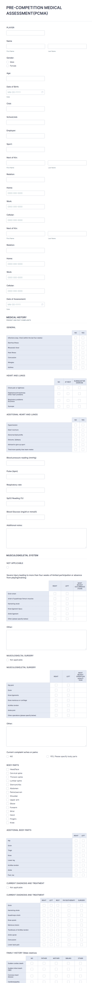 Pre Competition Medical Assessment Form Template