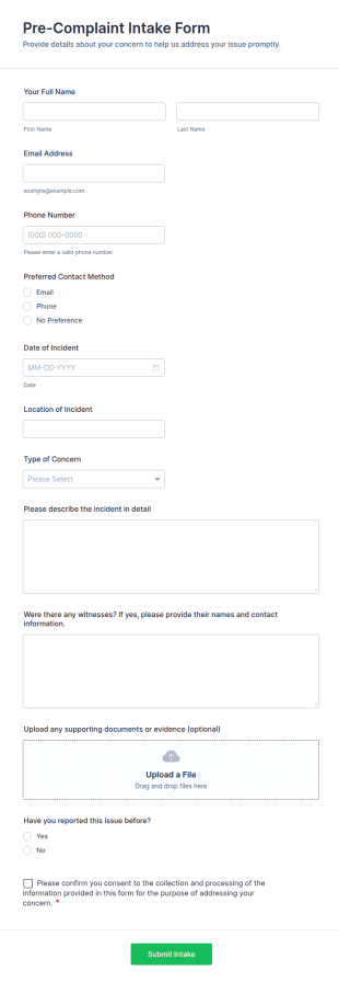 Pre Complaint Intake Form Template