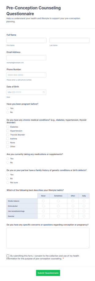 Pre Conception Counseling Questionnaire Form Template