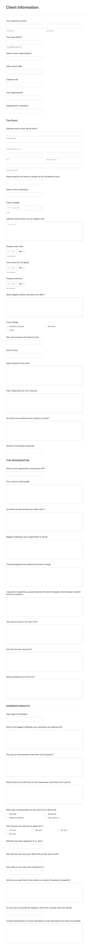 Pre Event Client Information Form Template