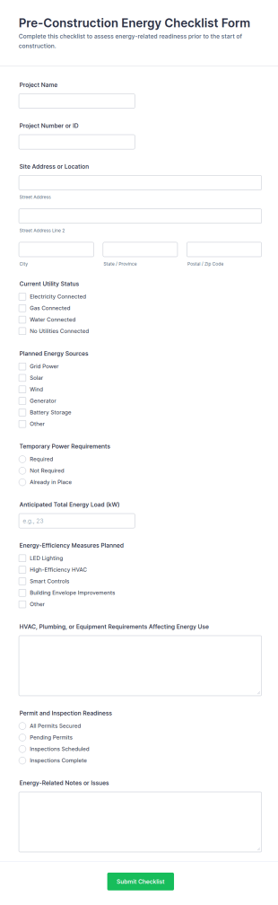 Pre Construction Energy Checklist Form Template