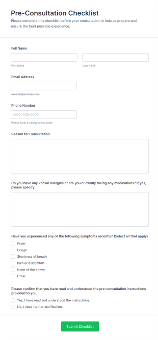 Pre Consultation Checklist Form Template
