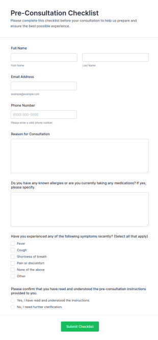 Pre Consultation Checklist Form Template
