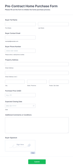 Pre Contract Home Purchase Form Form Template