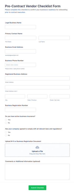 Pre Contract Vendor Checklist Form Template