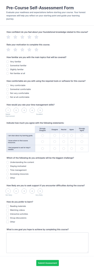 Pre Course Self Assessment Form Template