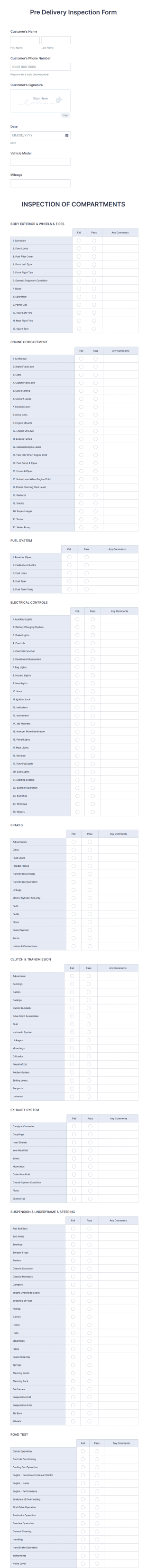 Pre Delivery Inspection Form Template