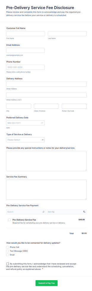 Pre Delivery Service Fee Disclosure Form Template