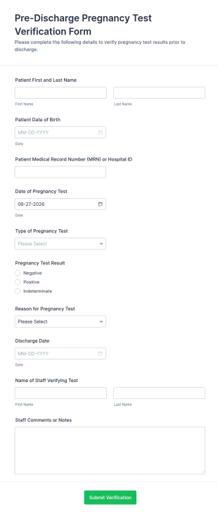 Pre Discharge Pregnancy Test Verification Form Template