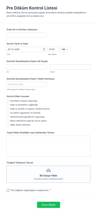 Pre Döküm Kontrol Listesi Form Şablonu