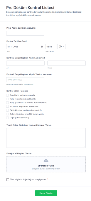 Pre Döküm Kontrol Listesi Form Template