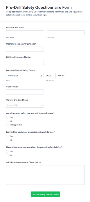 Pre Drill Safety Questionnaire Form Template
