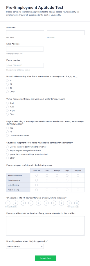 Pre Employment Aptitude Test Form Template