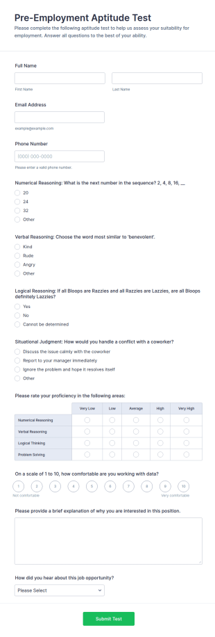 Pre Employment Aptitude Test Form Template