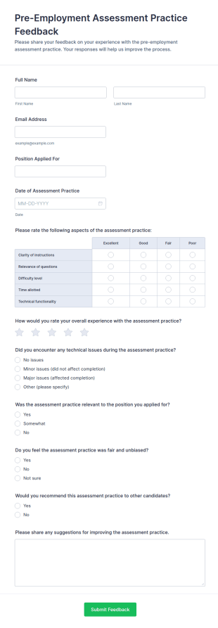 Pre Employment Assessment Practice Feedback Form Template