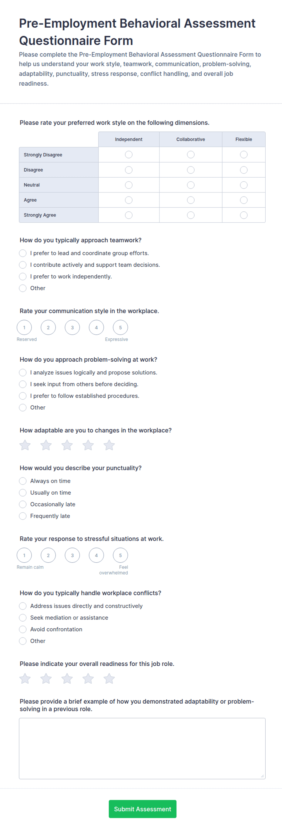 Pre-Employment Behavioral Assessment Questionnaire Form Template | Jotform