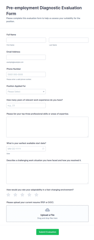 Pre Employment Diagnostic Evaluation Form Template