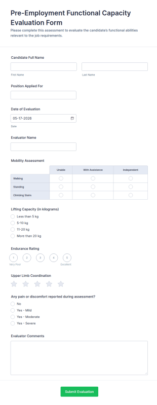 Pre Employment Functional Capacity Evaluation Form Template