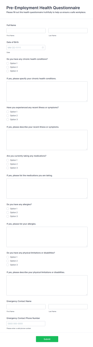 Pre Employment Health Questionnaire Form Template