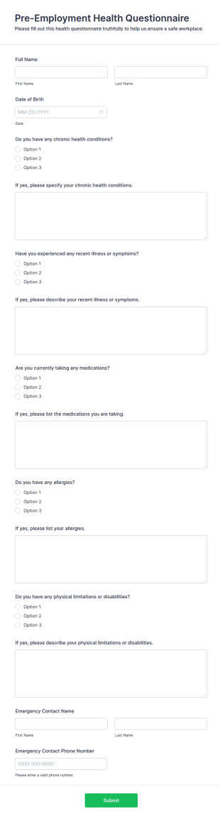 Pre Employment Health Questionnaire Form Template