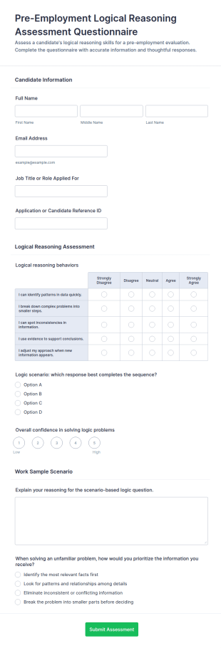 Pre Employment Logical Reasoning Assessment Form Template