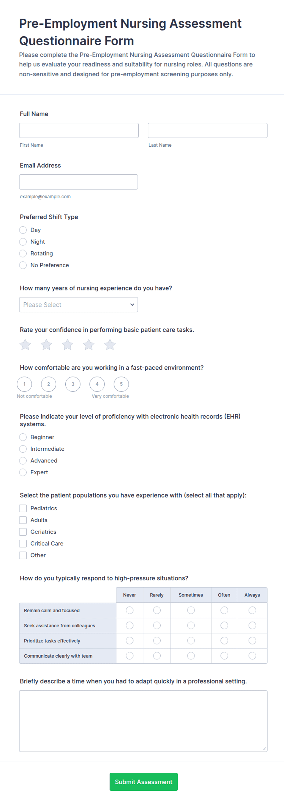 Pre-Employment Nursing Assessment Questionnaire Form Template | Jotform