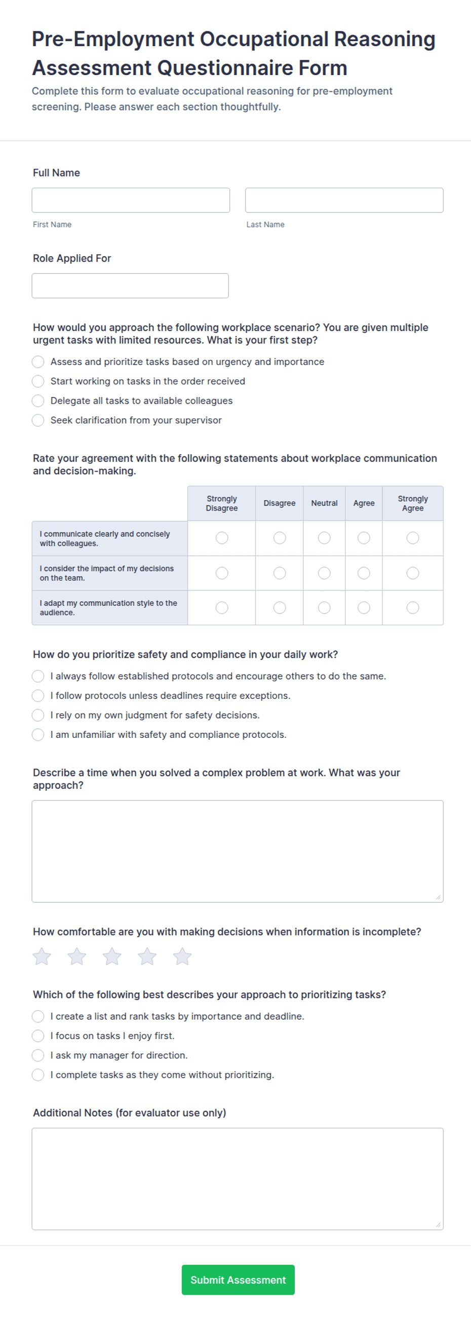 Pre-Employment Occupational Reasoning Assessment Questionnaire Form ...