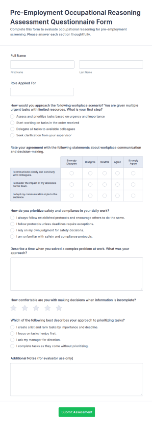 Pre Employment Occupational Reasoning Assessment Questionnaire Form Template