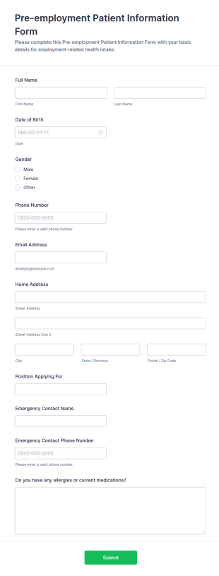 Pre Employment Patient Information Form Template