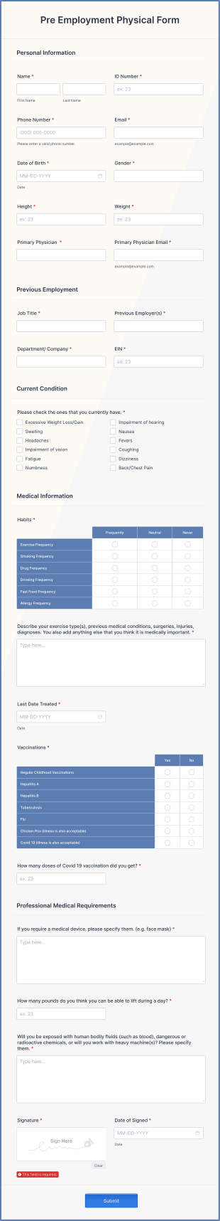 Pre Employment Physical Form Template