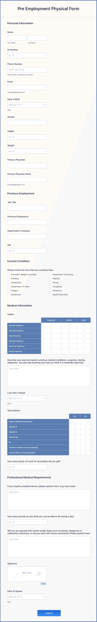 Pre Employment Physical Form Template
