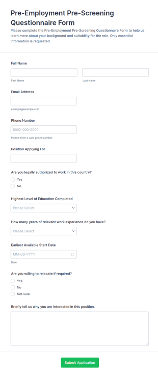 Pre Employment Pre Screening Questionnaire Form Template