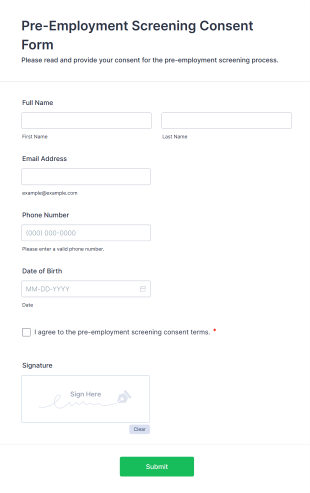 Pre Employment Screening Consent Form Form Template