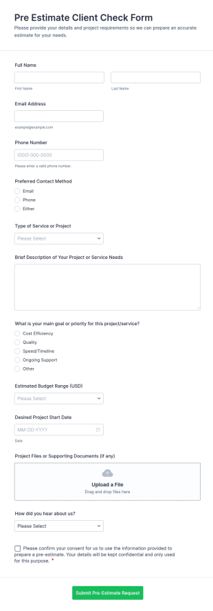Pre Estimate Client Check Form Template