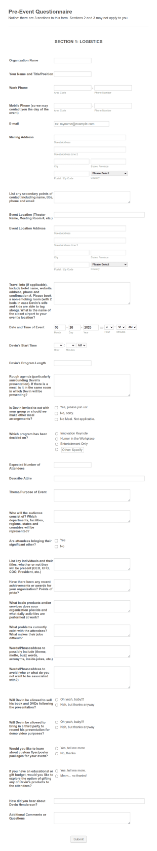 Pre Event Questionnaire Form Template
