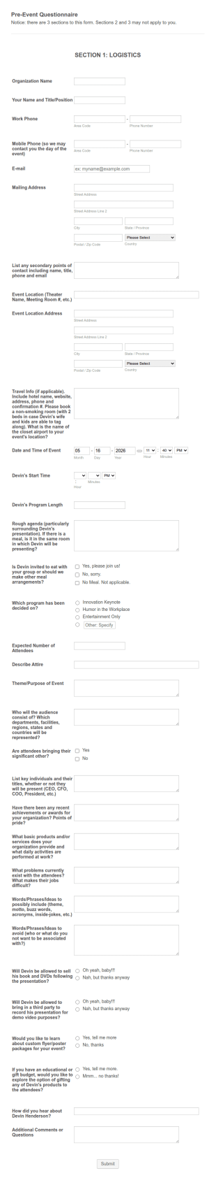 Pre Event Questionnaire Form Template