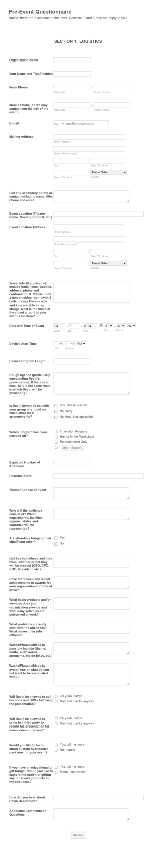 Pre Event Questionnaire Form Template