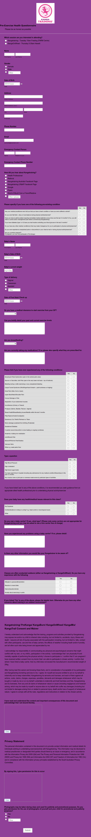 Pre Exercise Health Questionnaire Form Template